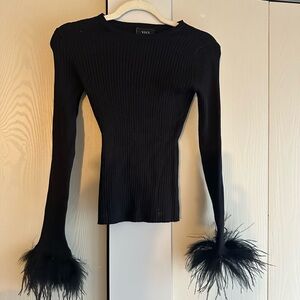 Vici Black Ribbed Long-Sleeve Top with Feather Cuffs. Size Small